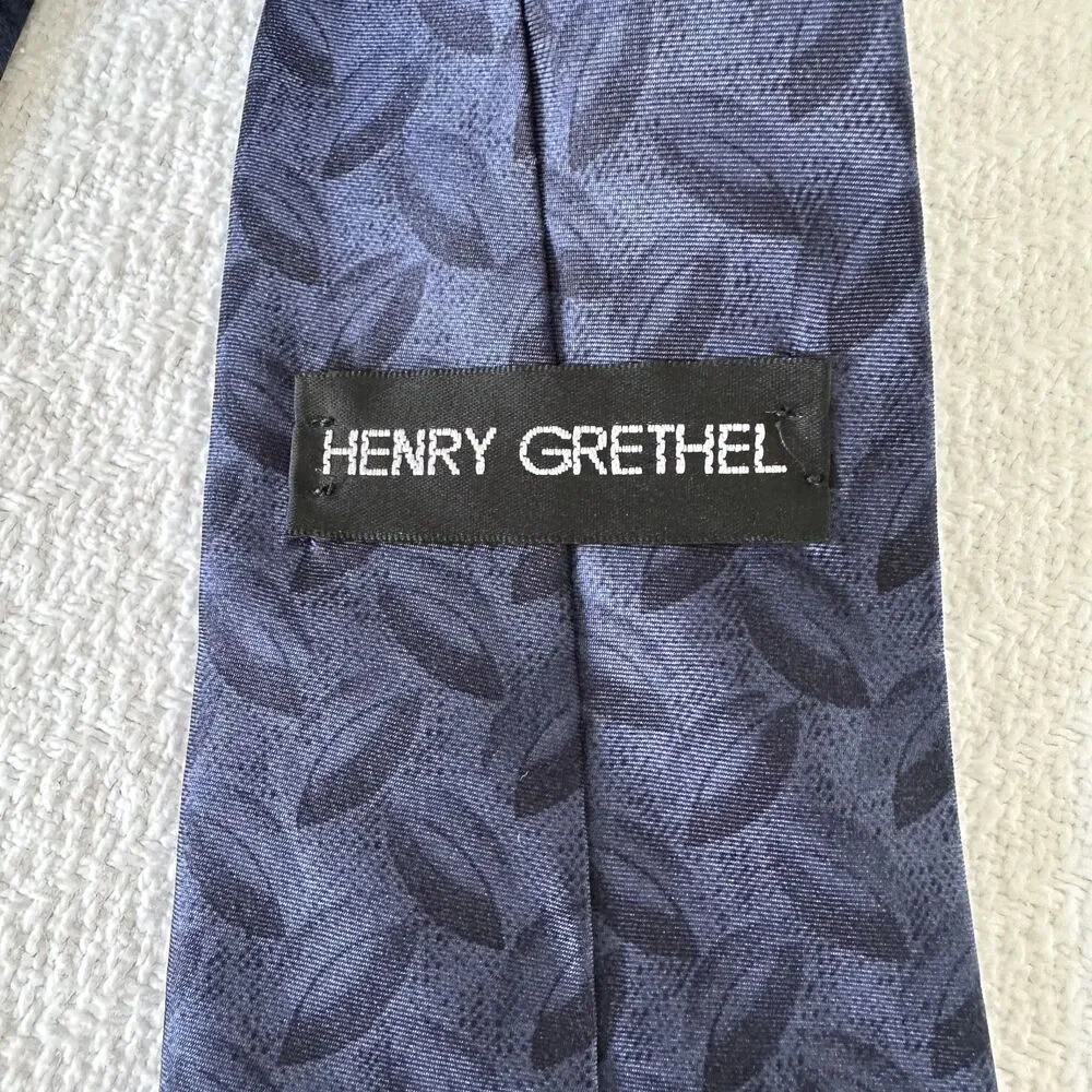Henry Grethel Silk Necktie Blue Pattern Mens Tie Printed in Italy 4” Wide